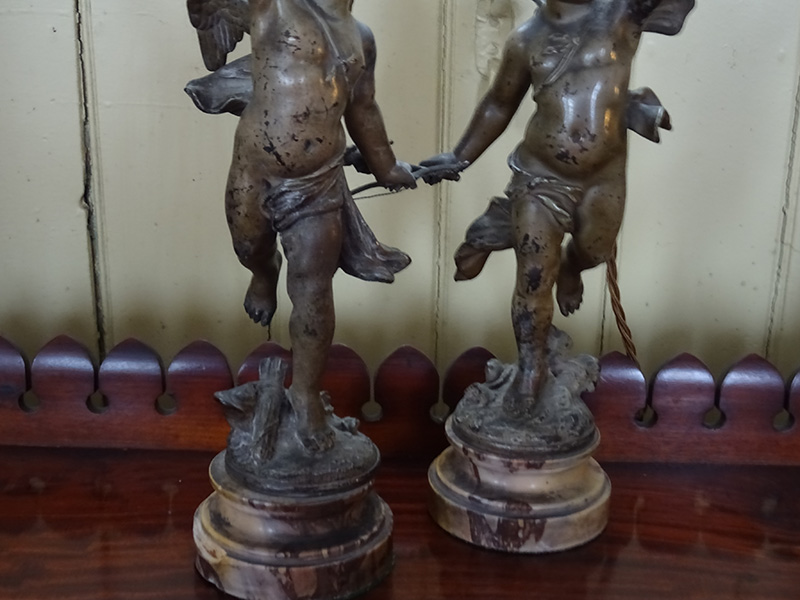Pair 19th century Eutrope Bouret bronze cherub lamps